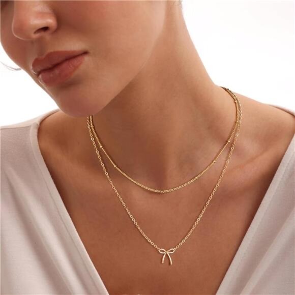 Gold Necklace for Women Bow Necklace 14K Dainty Layered Gold Necklace - Picture 5 of 8